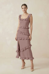 Square Neck Ruffled Sheath Satin Midi Bridesmaid Dress in Toffee - KISS BRIDAL Bridesmaid Dresses
