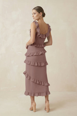 Square Neck Ruffled Sheath Satin Midi Bridesmaid Dress in Toffee - KISS BRIDAL Bridesmaid Dresses