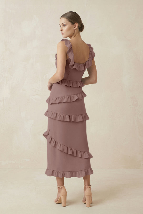 Square Neck Ruffled Sheath Satin Midi Bridesmaid Dress in Toffee - KISS BRIDAL Bridesmaid Dresses