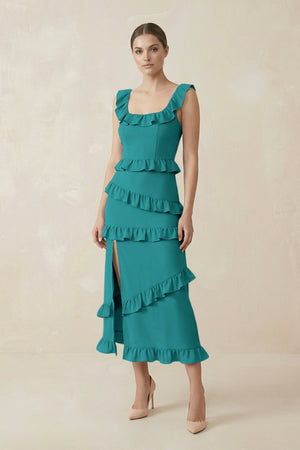Square Neck Ruffled Sheath Satin Midi Bridesmaid Dress in Turquoise - KISS BRIDAL Bridesmaid Dresses