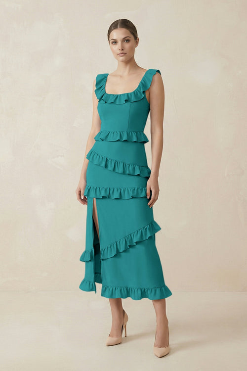 Square Neck Ruffled Sheath Satin Midi Bridesmaid Dress in Turquoise - KISS BRIDAL Bridesmaid Dresses