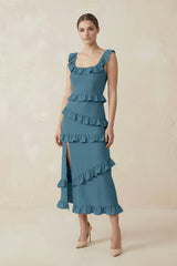 Square Neck Ruffled Sheath Satin Midi Bridesmaid Dress in Twilight - KISS BRIDAL Bridesmaid Dresses