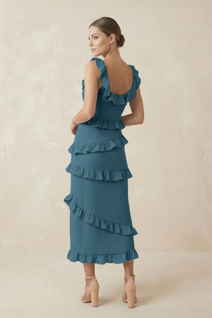 Square Neck Ruffled Sheath Satin Midi Bridesmaid Dress in Twilight - KISS BRIDAL Bridesmaid Dresses