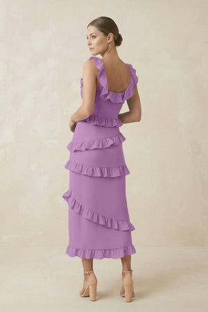 Square Neck Ruffled Sheath Satin Midi Bridesmaid Dress in Vintage Mauve - KISS BRIDAL Bridesmaid Dresses