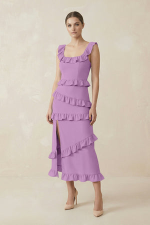 Square Neck Ruffled Sheath Satin Midi Bridesmaid Dress in Vintage Mauve - KISS BRIDAL Bridesmaid Dresses