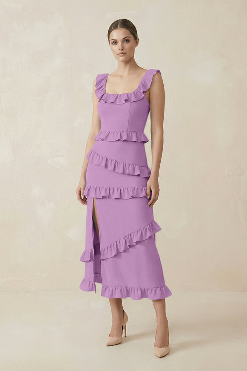 Square Neck Ruffled Sheath Satin Midi Bridesmaid Dress in Vintage Mauve - KISS BRIDAL Bridesmaid Dresses