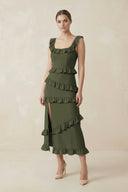 Square Neck Ruffled Sheath Satin Midi Bridesmaid Dress in Willow Green - KISS BRIDAL Bridesmaid Dresses