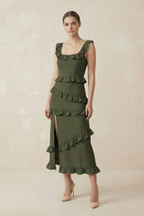 Square Neck Ruffled Sheath Satin Midi Bridesmaid Dress in Willow Green - KISS BRIDAL Bridesmaid Dresses