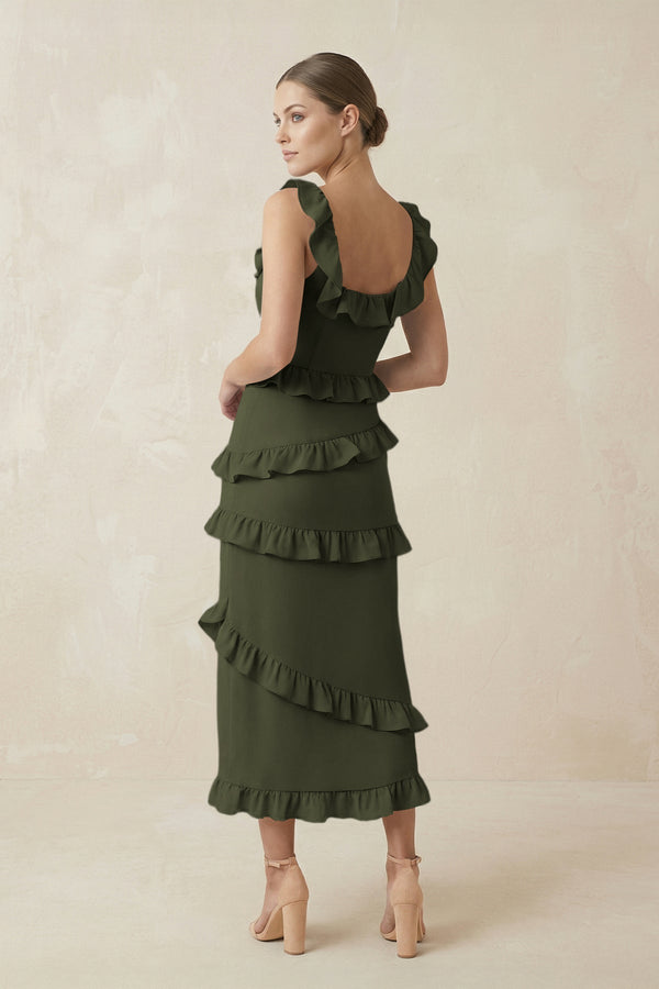 Square Neck Ruffled Sheath Satin Midi Bridesmaid Dress in Willow Green - KISS BRIDAL Bridesmaid Dresses