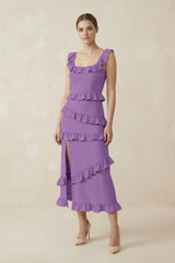Square Neck Ruffled Sheath Satin Midi Bridesmaid Dress in Wisteria - KISS BRIDAL Bridesmaid Dresses