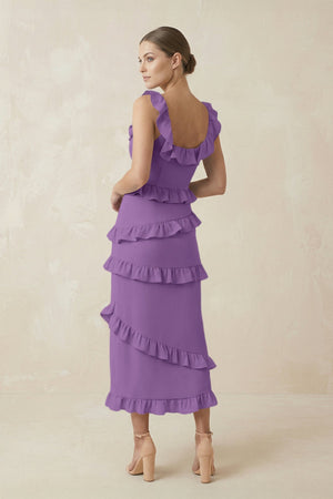 Square Neck Ruffled Sheath Satin Midi Bridesmaid Dress in Wisteria - KISS BRIDAL Bridesmaid Dresses