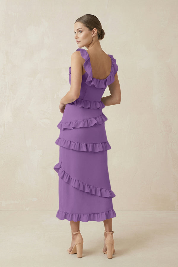 Square Neck Ruffled Sheath Satin Midi Bridesmaid Dress in Wisteria - KISS BRIDAL Bridesmaid Dresses