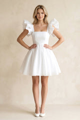 Square Neck Ruffled Sleeves A - Line Satin Wedding Dress in White - KISS BRIDAL Wedding Dresses