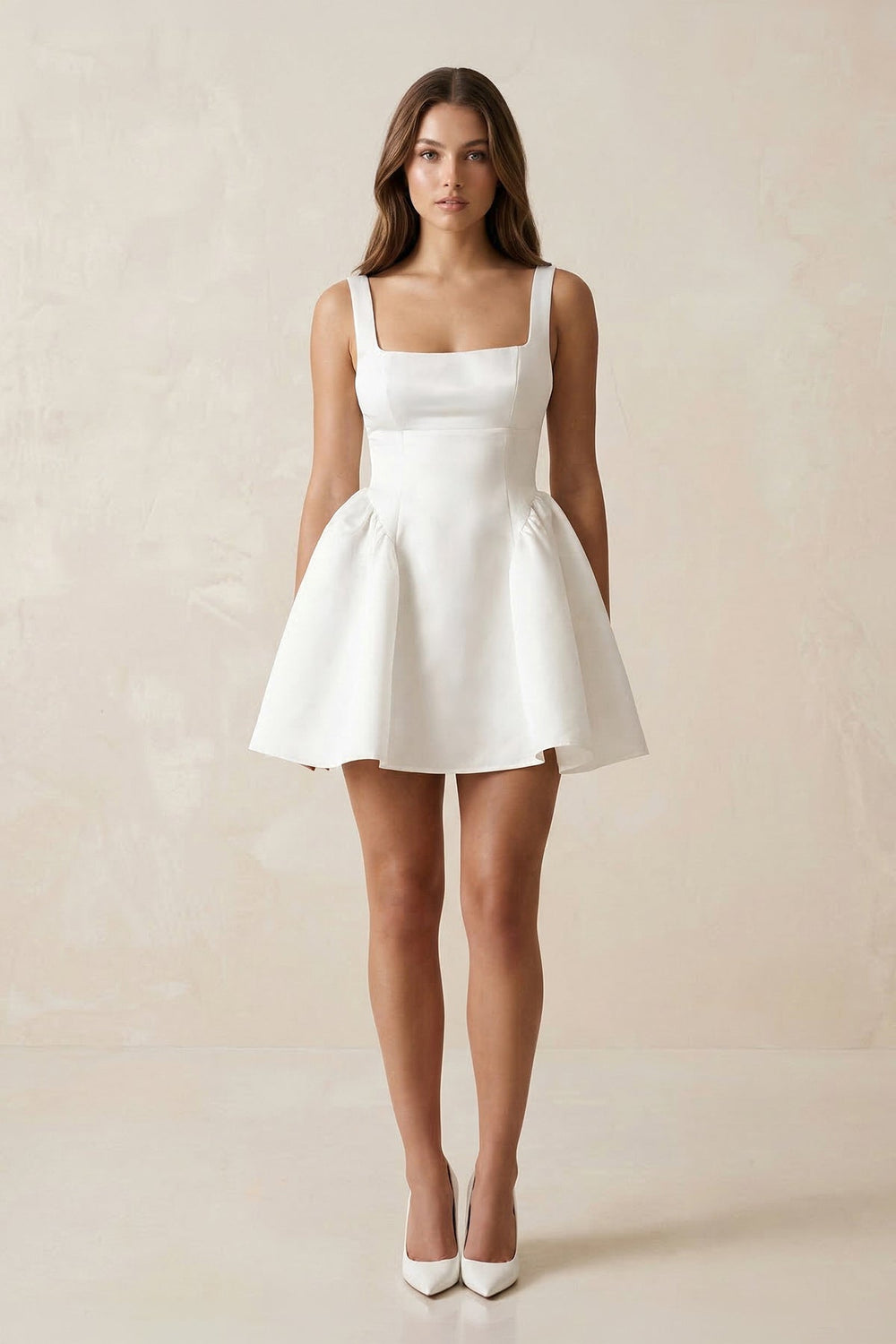 Square Neck Satin A - Line Mini Wedding Dress in White - KISS BRIDAL Wedding Dresses
