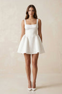 Square Neck Satin A - Line Mini Wedding Dress in White - SHE IS ME Wedding Dresses