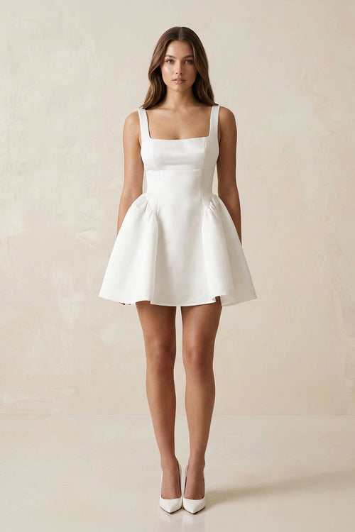 Square Neck Satin A - Line Mini Wedding Dress in White - SHE IS ME Wedding Dresses