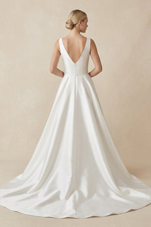 Square Neck Satin A - Line Ruched Wedding Dress in White - SHE IS ME Wedding Dresses