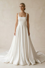 Square Neck Satin A - Line Ruched Wedding Dress in White - KISS BRIDAL Wedding Dresses