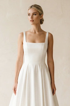 Square Neck Satin A - Line Ruched Wedding Dress in White - SHE IS ME Wedding Dresses