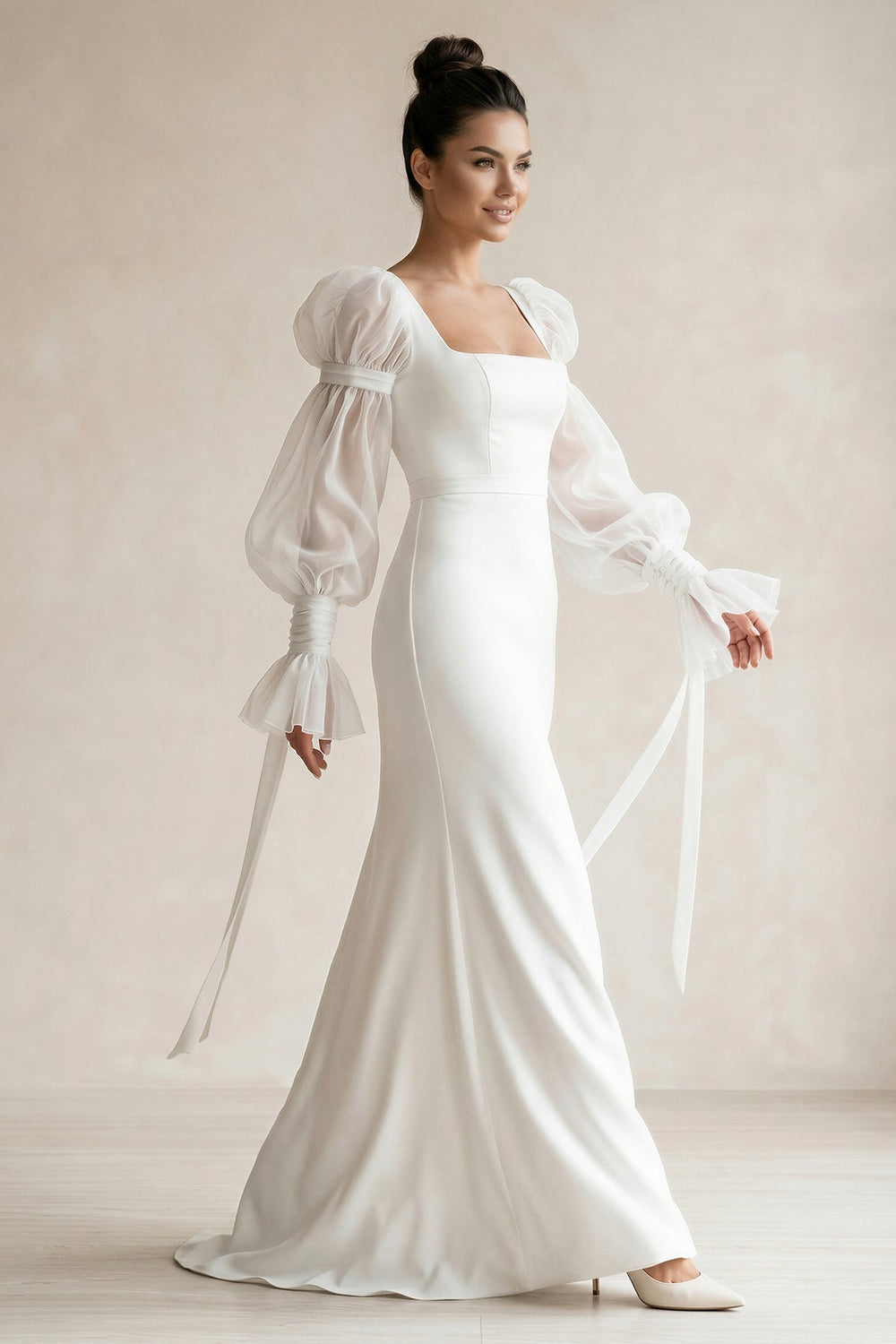 Square Neck Satin sheath Long Sleeves Wedding Dress in White - KISS BRIDAL Wedding Dresses