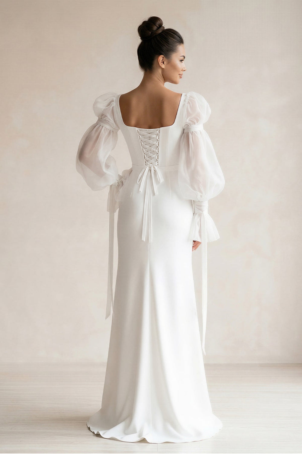 Square Neck Satin sheath Long Sleeves Wedding Dress in White - KISS BRIDAL Wedding Dresses