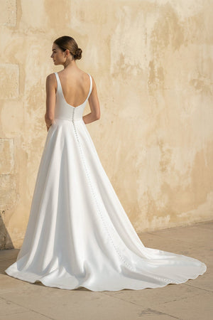 Square Neck Satin Wedding Dress With Appliques in White - SHE IS ME Wedding Dresses