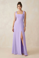 Square Neck Sheath Chiffon Bridesmaid Dress with Bow in Lavender - KISS BRIDAL BRIDESMAID DRESSES