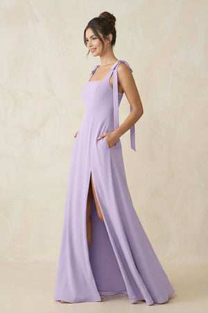 Square Neck Sheath Chiffon Bridesmaid Dress with Bow in Lavender - SHE IS ME BRIDESMAID DRESSES
