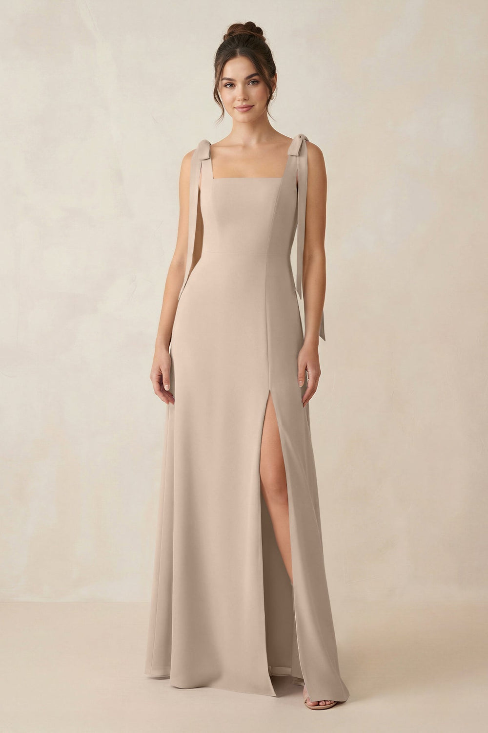 Square Neck Sheath Chiffon Bridesmaid Dress with Bow in Almond - KISS BRIDAL Bridesmaid Dresses