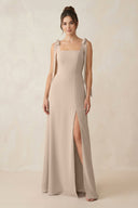 Square Neck Sheath Chiffon Bridesmaid Dress with Bow in Almond - SHE IS ME Bridesmaid Dresses
