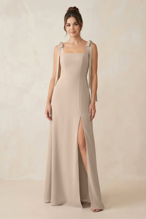 Square Neck Sheath Chiffon Bridesmaid Dress with Bow in Almond - SHE IS ME Bridesmaid Dresses