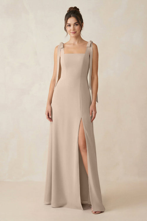 Square Neck Sheath Chiffon Bridesmaid Dress with Bow in Almond - SHE IS ME Bridesmaid Dresses