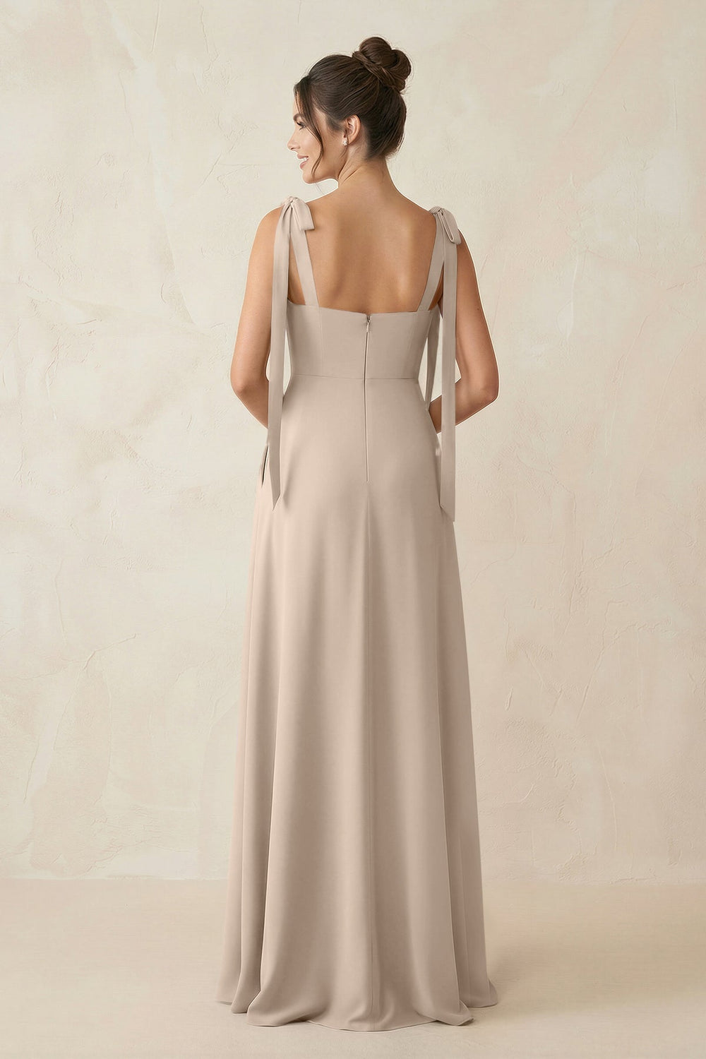 Square Neck Sheath Chiffon Bridesmaid Dress with Bow in Almond - KISS BRIDAL Bridesmaid Dresses
