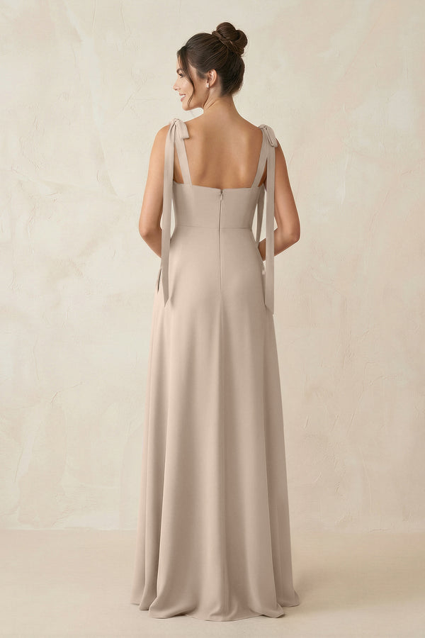 Square Neck Sheath Chiffon Bridesmaid Dress with Bow in Almond - SHE IS ME Bridesmaid Dresses