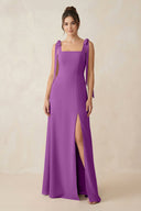 Square Neck Sheath Chiffon Bridesmaid Dress with Bow in Amethyst - SHE IS ME Bridesmaid Dresses
