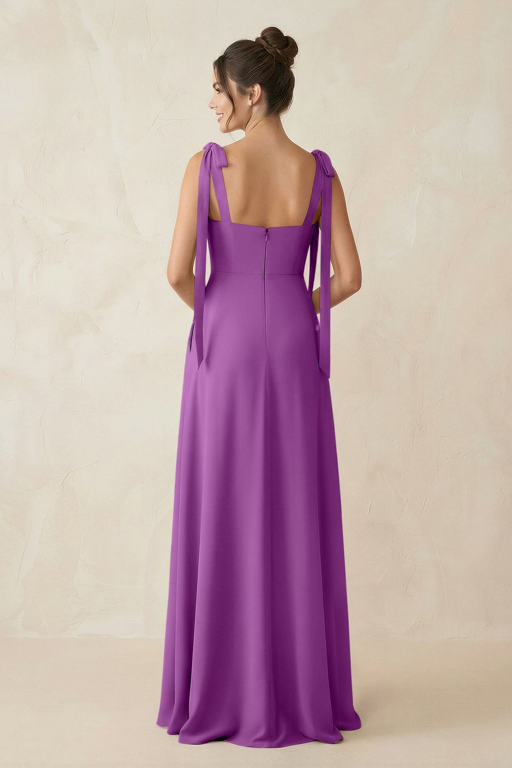 Square Neck Sheath Chiffon Bridesmaid Dress with Bow in Amethyst - KISS BRIDAL Bridesmaid Dresses