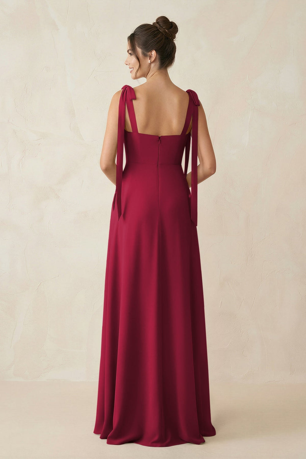 Square Neck Sheath Chiffon Bridesmaid Dress with Bow in Berry - KISS BRIDAL Bridesmaid Dresses