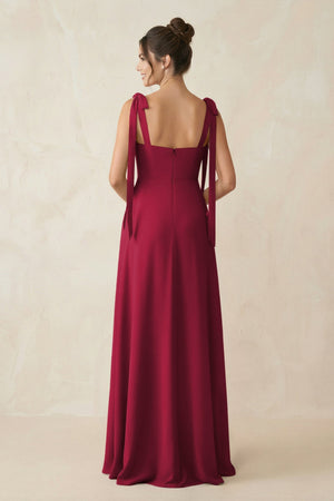 Square Neck Sheath Chiffon Bridesmaid Dress with Bow in Berry - SHE IS ME Bridesmaid Dresses