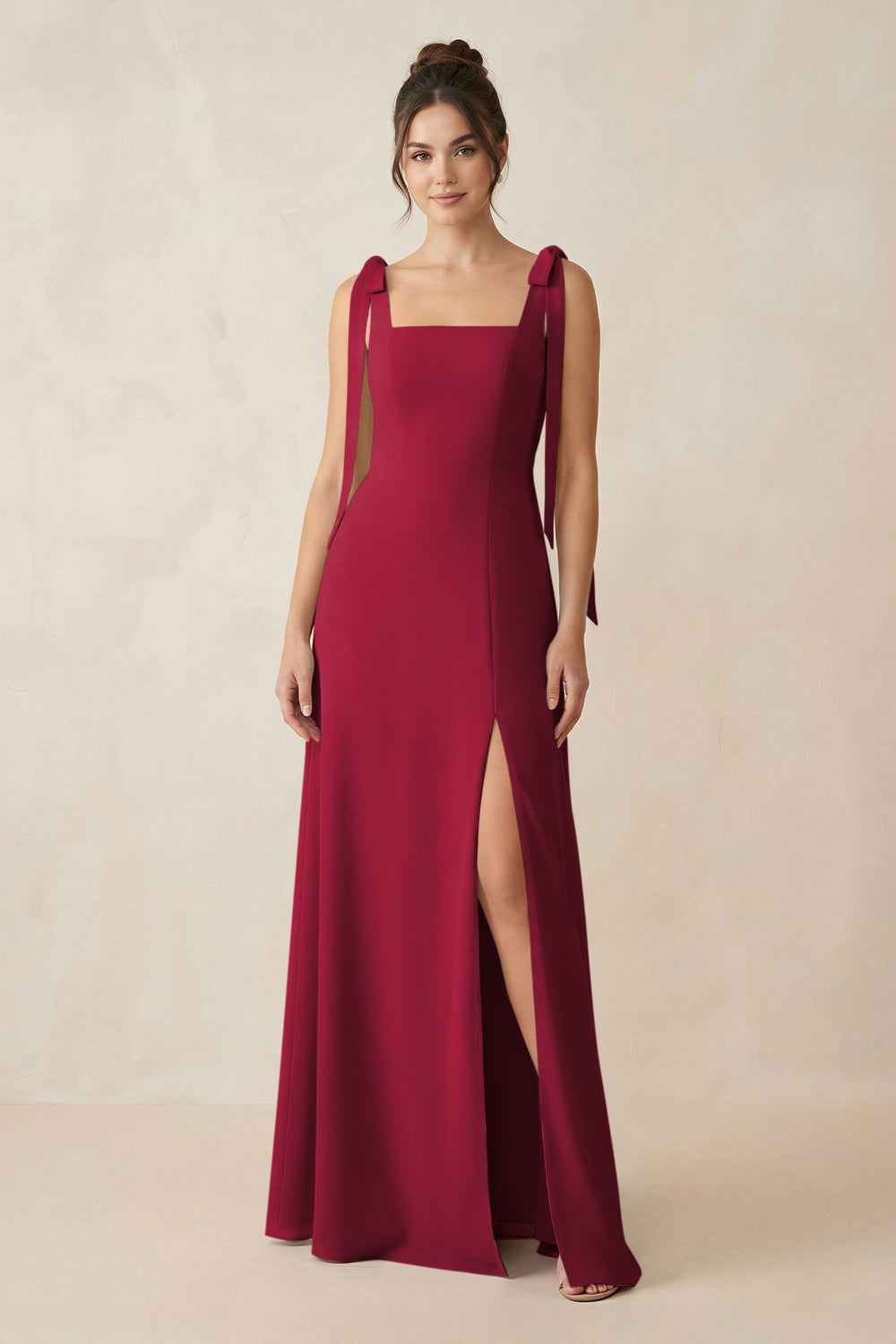 Square Neck Sheath Chiffon Bridesmaid Dress with Bow in Berry - KISS BRIDAL Bridesmaid Dresses