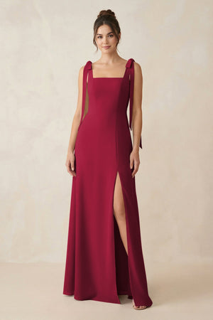 Square Neck Sheath Chiffon Bridesmaid Dress with Bow in Berry - SHE IS ME Bridesmaid Dresses