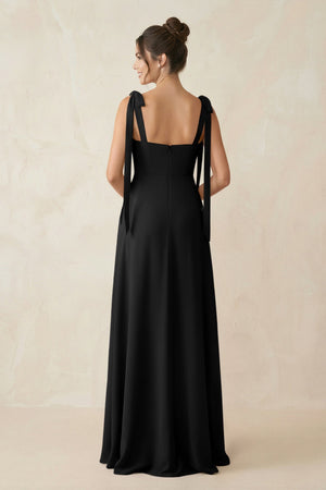 Square Neck Sheath Chiffon Bridesmaid Dress with Bow in Black - SHE IS ME Bridesmaid Dresses