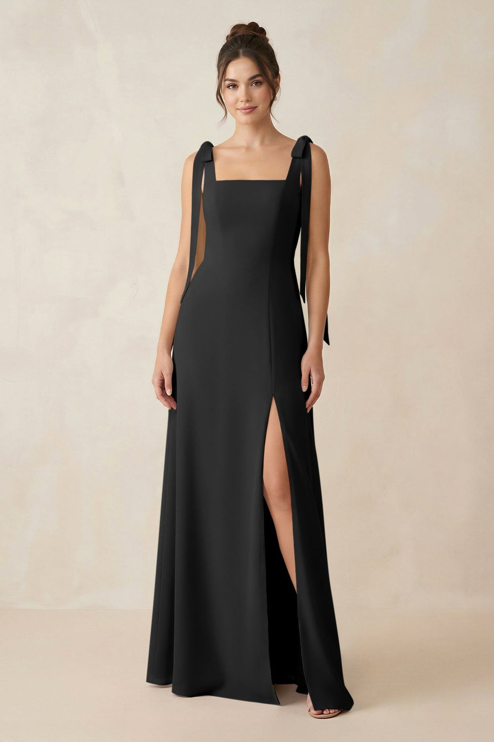 Square Neck Sheath Chiffon Bridesmaid Dress with Bow in Black - KISS BRIDAL Bridesmaid Dresses
