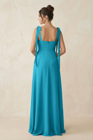 Square Neck Sheath Chiffon Bridesmaid Dress with Bow in Blue Jay - SHE IS ME Bridesmaid Dresses