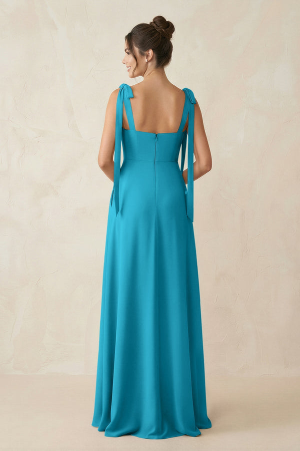 Square Neck Sheath Chiffon Bridesmaid Dress with Bow in Blue Jay - SHE IS ME Bridesmaid Dresses