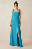 Square Neck Sheath Chiffon Bridesmaid Dress with Bow in Blue Jay - SHE IS ME Bridesmaid Dresses