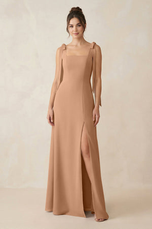 Square Neck Sheath Chiffon Bridesmaid Dress with Bow in Bronzer - SHE IS ME Bridesmaid Dresses
