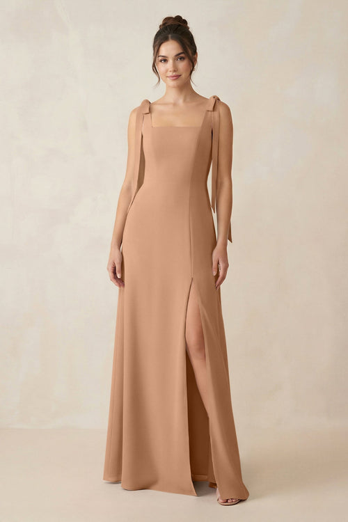 Square Neck Sheath Chiffon Bridesmaid Dress with Bow in Bronzer - SHE IS ME Bridesmaid Dresses