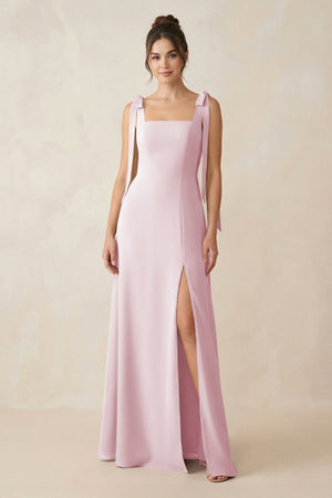 Square Neck Sheath Chiffon Bridesmaid Dress with Bow in Candy Pink - SHE IS ME Bridesmaid Dresses