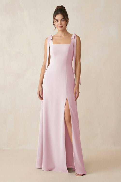 Square Neck Sheath Chiffon Bridesmaid Dress with Bow in Candy Pink - SHE IS ME Bridesmaid Dresses