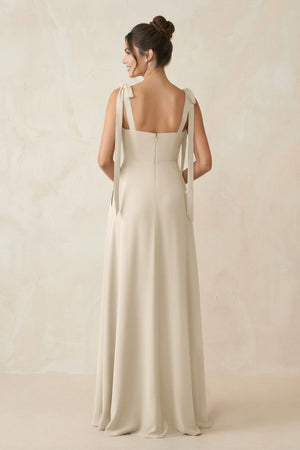 Square Neck Sheath Chiffon Bridesmaid Dress with Bow in Champagne - SHE IS ME Bridesmaid Dresses